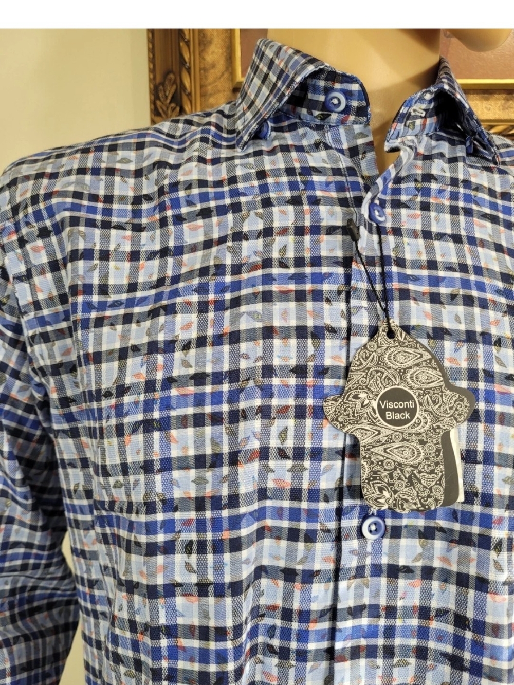 Luchiano Visconti Men's Shirt Size M Medium Button Up Blue Plaid Long Sleeve  10